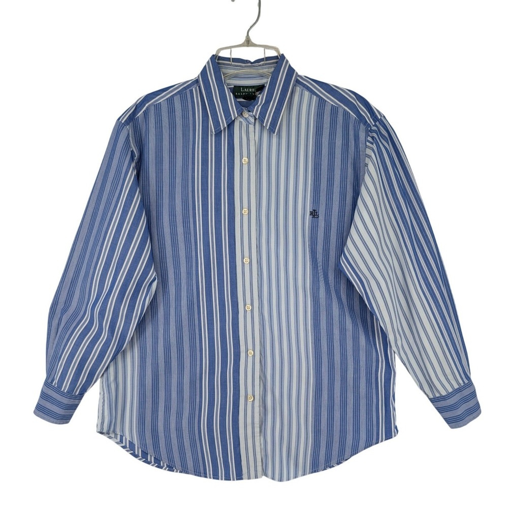 Ralph Lauren Button Down Shirt Womens 12 Blue Striped Long Sleeve Coastal Preppy